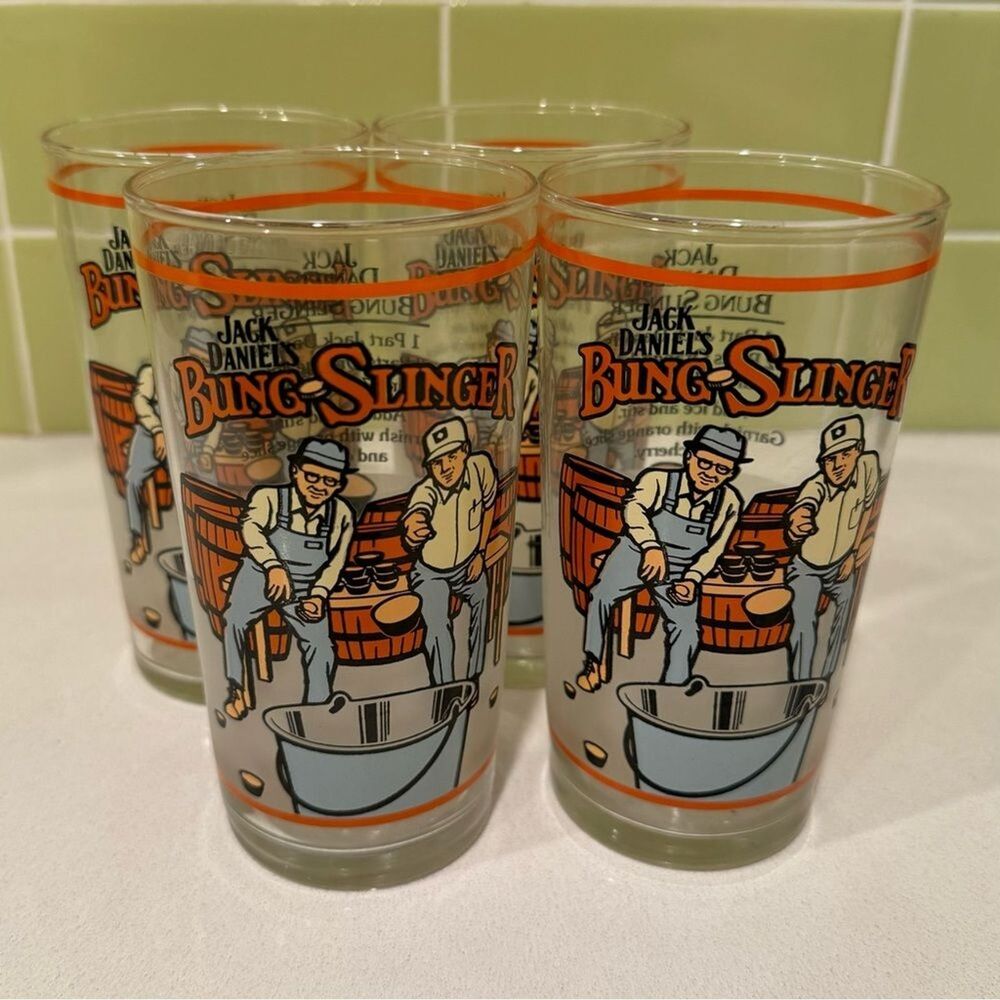 Vintage Jack Daniel’s “Bung Slinger” Bar Glasses (4‑Piece) – Libbey Glass Set